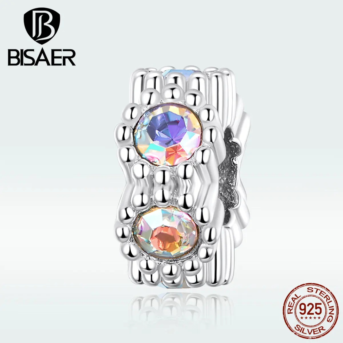Бусины BISAER 925 пробы серебряные светящиеся кубические циркониевые Бусины Красочные разделительные Подвески подходят для браслетов серебряные 925 ювелирные изделия ECC1309