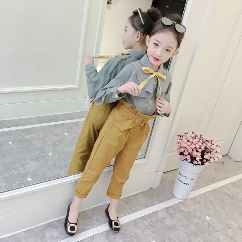 Teen girls clothing spring autumn girls set solid shirt+ pants 2 pcs kids clothes suits fashion outfits for girls 8 10 12 Years - Цвет: pea-green