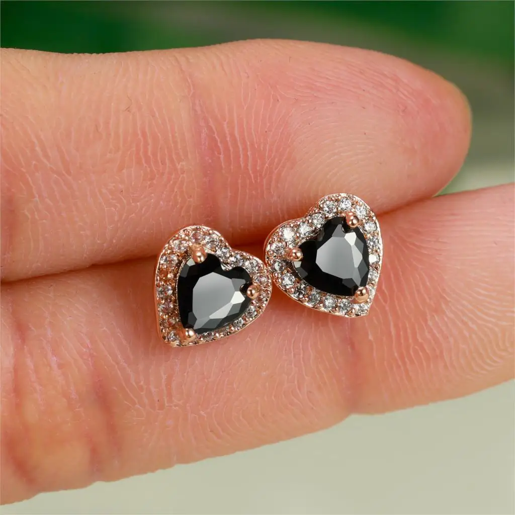 Vintage Rose Pedal With Black Stone Post Earrings 6414 