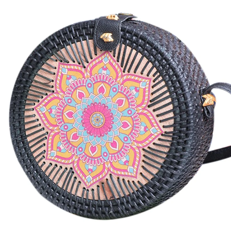 

Hand Knitted Circular Woven Rattan Bag Black Retro Natural Straw Handbag, Satchel Gift for Women