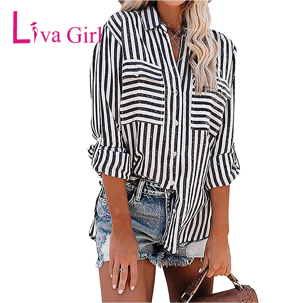 LIVA GIRL Spring Summer 2022 Women Linen Cotton Washed Striped Single Breasted Long Sleeve Shirt Blouse Female Casual Loose Tops | Женская