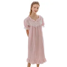 Spring and Summer New Princess Nightdress Lace Short-sleeved Mid-length Women's Home One-piece Skirt Cotton Cute Women's Sleep