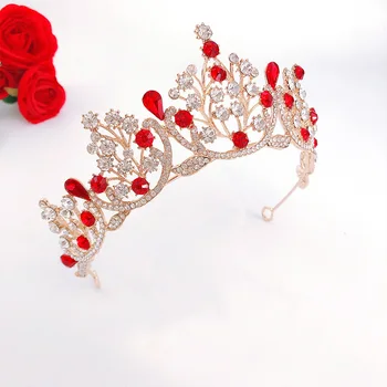 

Bridal red crystal crown Wedding birthday rhinestone rose gold crown Princess queen crown hair accessory headdress