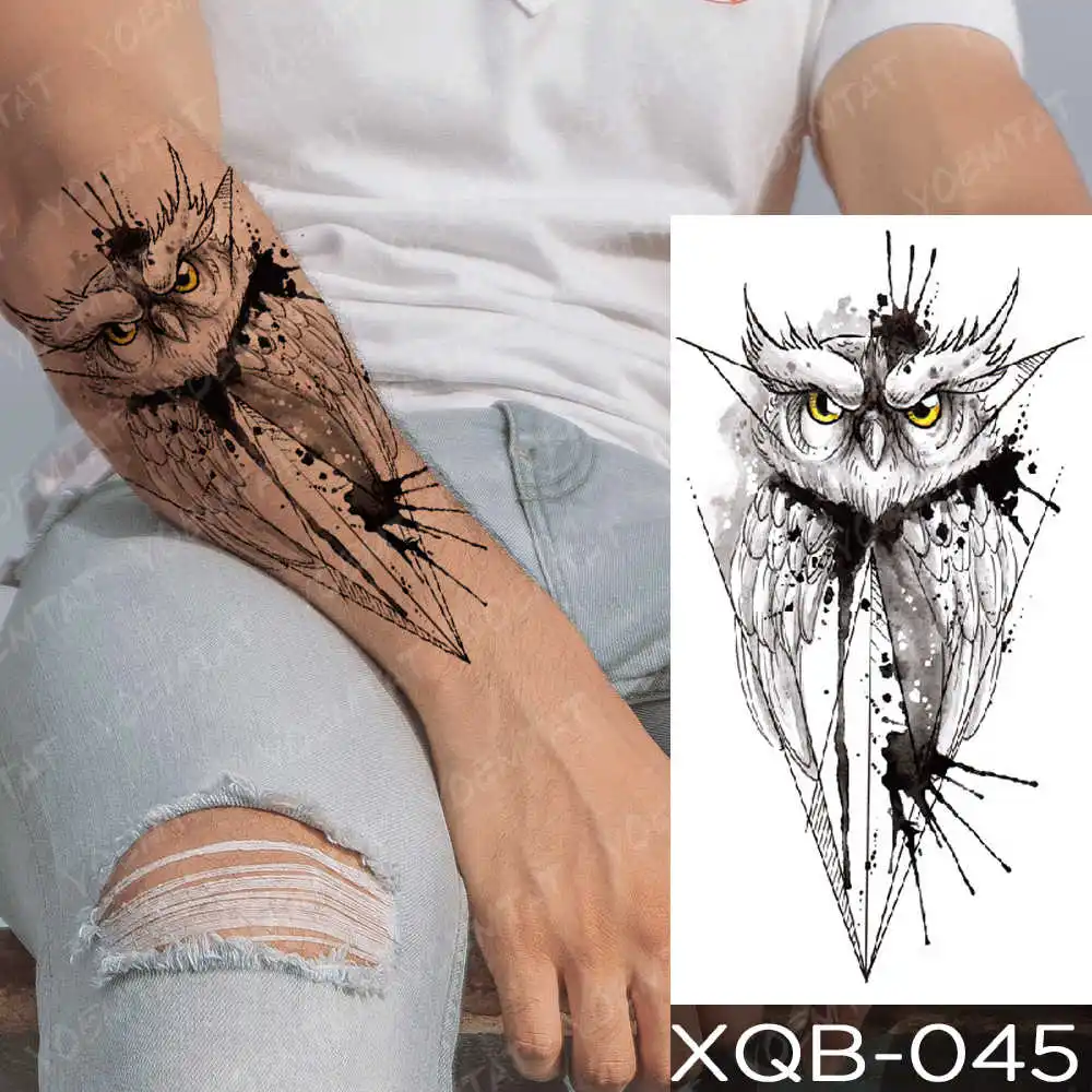 Tatuagem adesiva temporária, arte corporal de braço, coruja e rosa,  tatuagens flash lobo, caveira, apanhador de sonhos, para homens e mulheres  - AliExpress, image size:1000x1000