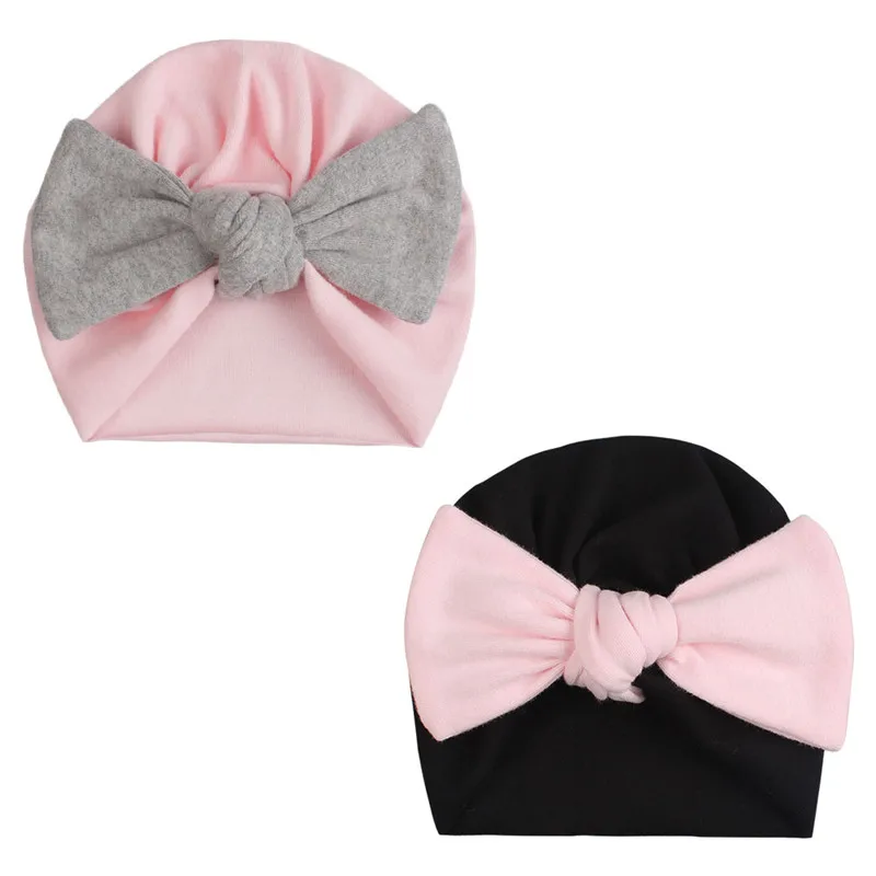 Бант для маленьких девочек, шапочка, однотонная хлопковая Больничная шапка для новорожденных девочек, легкая дышащая удобная Кепка с черепом, защищающая голову - Цвет: Pink Black Set B