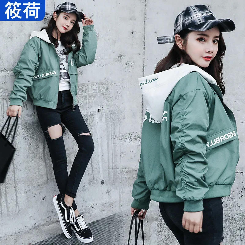 

Autumn Short-height Autumn Coat Hooded Baseball Uniform Jacket Women's Loose-Fit Korean-style BF Autumn Clothing 2019 New Style
