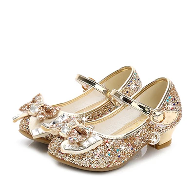 Princess Kids Leather Shoes for Girls Flower Casual Glitter Children High Heel Girls Shoes Butterfly Knot Blue Pink Silver A golden