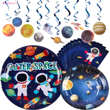

Astronaut Space Theme Disposable Tableware Birthday Deco Foil Ballons Banner Candy Cake Box Planet Party Supplies Latex Globos