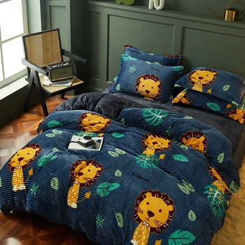 

Winter Warm Magic Velvet Bedding Set Funny Cartoon Lion Rabbit Avocado Pattern Duvet Cover Set Pillowcase Bed Sheet Home Textile