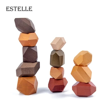 

New Wooden Stones Building Block Wood Balancing Stacked Stones RAINBOW set Coloured Gams Wooden Rocks Montessori educational Toy