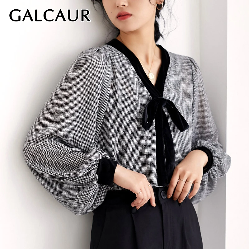 

GALCAUR Lace Up Plaid Chiffon Blouse For Women V Neck Lantern Long Sleeve Autumn Bownot Female Shirts Clothing Fashion 2019 New