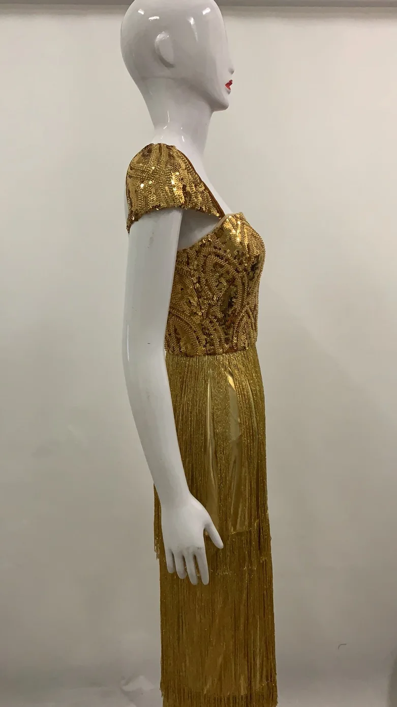 Новое поступление золотистыми кисточками длинное модное платье короткие платья без рукавов, с открытой спиной, блестками, нарядная элегантная взлетно-посадочной полосы вечерние платья