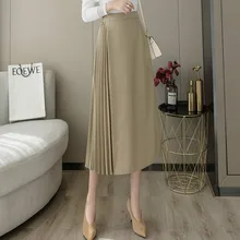 

Casual A-line Female Midi Long Skirt Elegant Streetwear Women Spring Summer High Waist Simple Khaki Irregular Pleated Skirts Pop