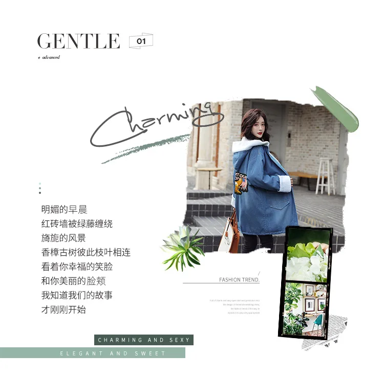 Winter New Style WOMEN'S Dress Students Embroidered Lambs Wool Loose-Fit Mid-length Cowboy Hooded Brushed And Thick Coat