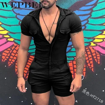 

WEPBEL Rompers Pants with Pockets Overalls Zipper Short Sleeve Hooded Men's One Piece Tight Fitness Jumpsuit