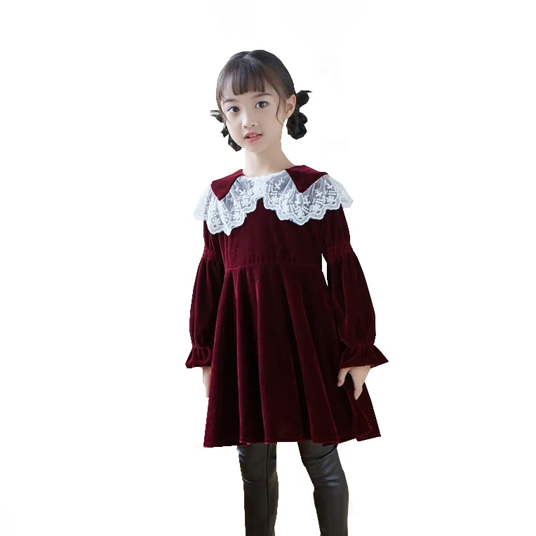 Вельветовое платье принцессы для девочек; детское платье с длинными рукавами; сезон весна-осень; большое платье с отворотом; Одежда для девочек с вышивкой и кружевным отложным воротником