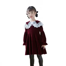 Вельветовое платье принцессы для девочек; детское платье с длинными рукавами; сезон весна-осень; большое платье с отворотом; Одежда для девочек с вышивкой и кружевным отложным воротником