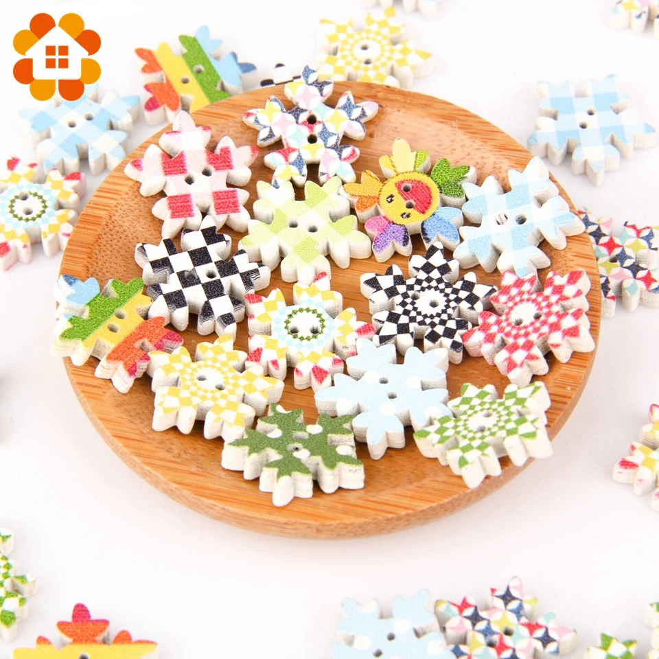 

50pcs Colorful Printed Christmas Wooden Buttons DIY Clothing Sewing Accessories Star Heart Snowflake Crafts Button Decoration