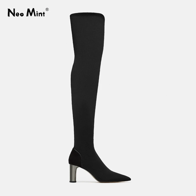 Г. Облегающие эластичные ботфорты пикантные женские зимние сапоги с острым носком на высоком каблуке ботфорты с боковой молнией зимняя обувь