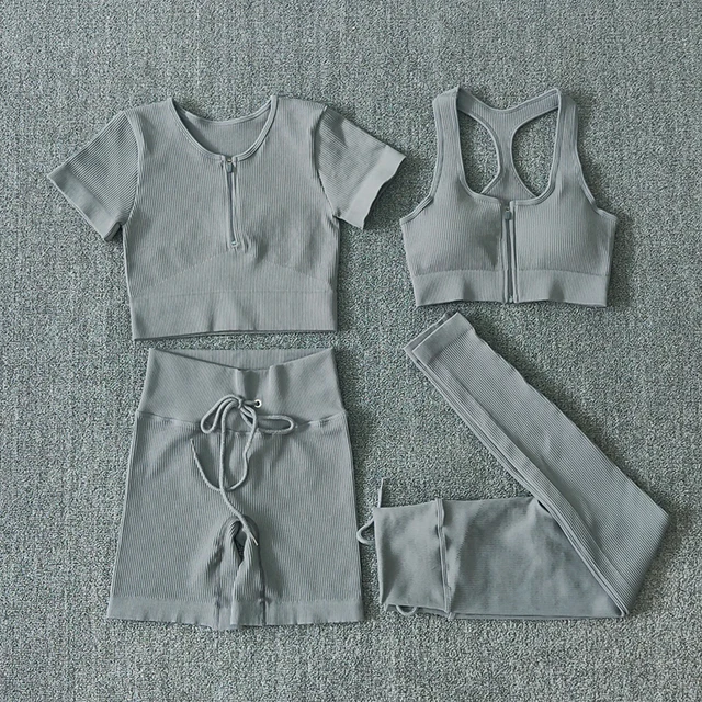 Seamless Women Yoga Set Workout Sportswear Gym Clothing Zipper Long Sleeve High Waist Leggings Fitness Bra Athletic Sports Suits 4PCSGray