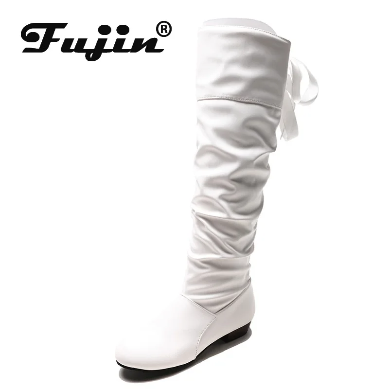 

Fujin Women Boots Winter Round Toe Dropshipping High Boots Riband Flat Bottom Low Heels Slip on Fashion Leisure Knee High Boots