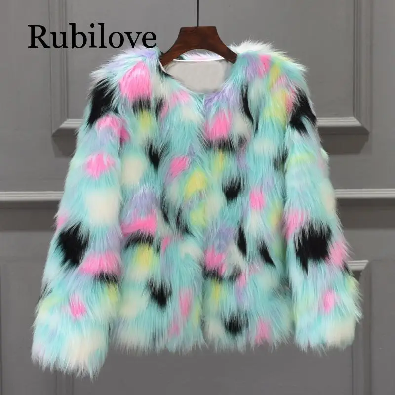 

Rubilove Furry Fur Coat Women Fluffy Warm Long Sleeve Gradient Color Outerwear Autumn Winter Coat Jacket Hairy Collarless Overco