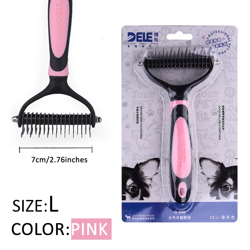 PINK-L Расческа для удаления волос для собак кошка Detangler меховая отделка Dematting desheding уход за щеткой инструмент для матированных длинных волос кудрявый питомец - Цвет: PINK-L