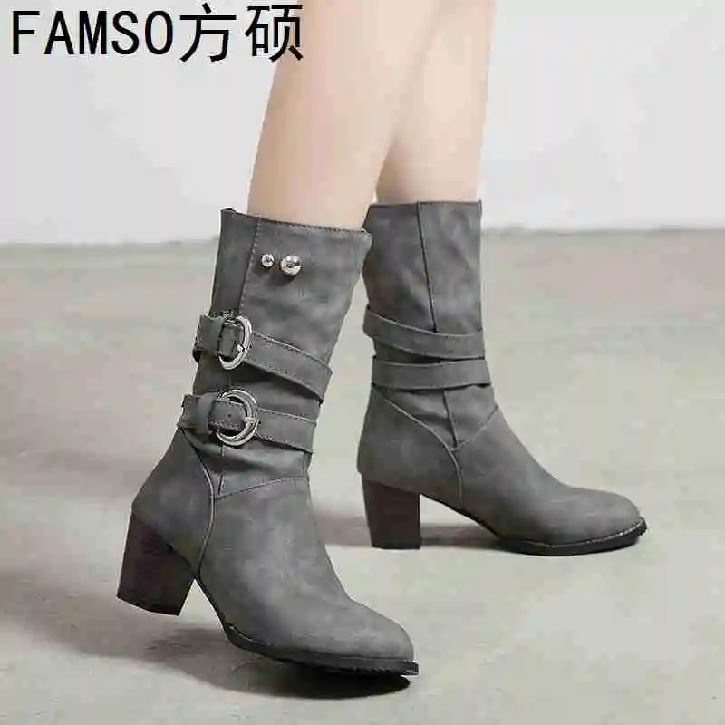 

FAMSO 2019 Women Boots Size 34-43 Purple gray Thick Heels Motorcycle Boots Buckle Retro Style Winter Fashion Riding Boots Shoes