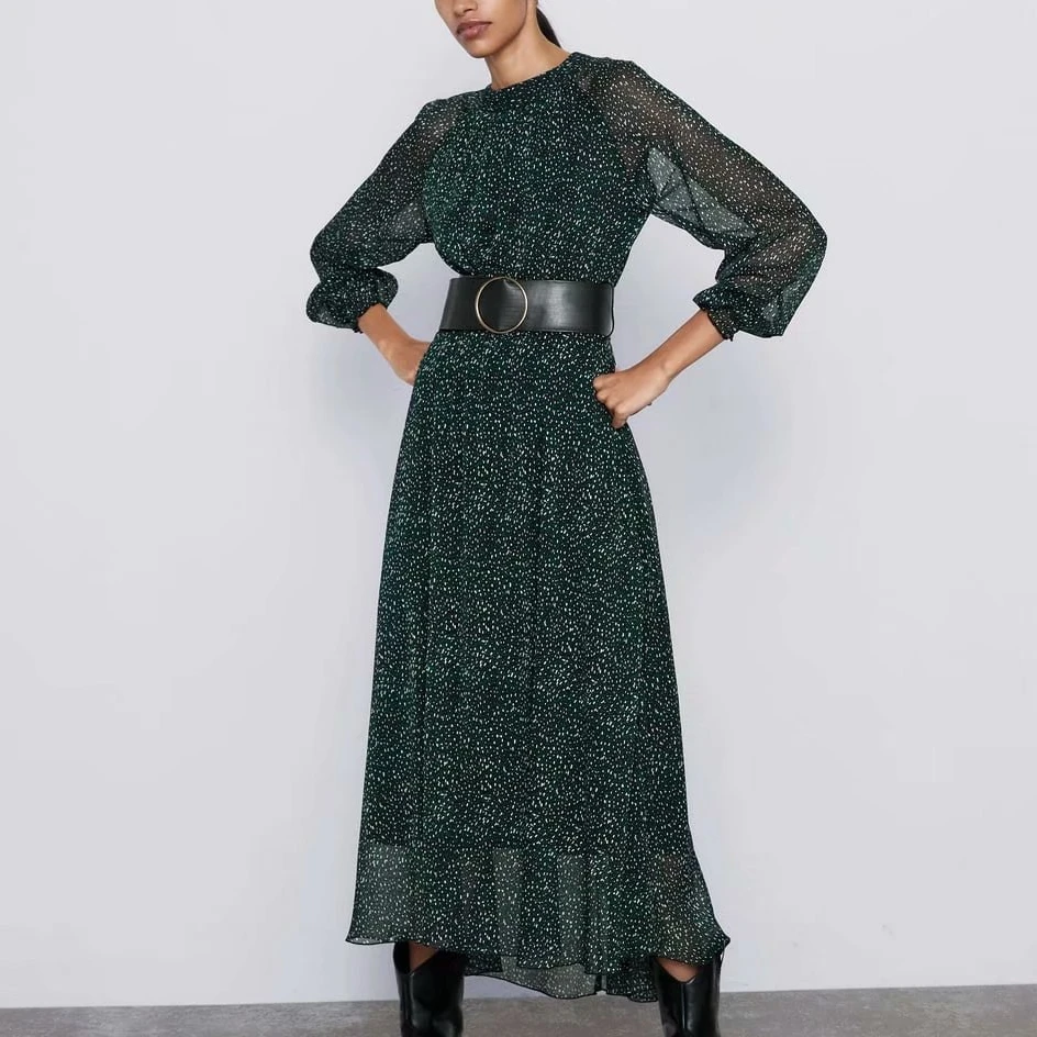 2019 осень зима новое французское элегантное платье с поясом и принтом длинное со