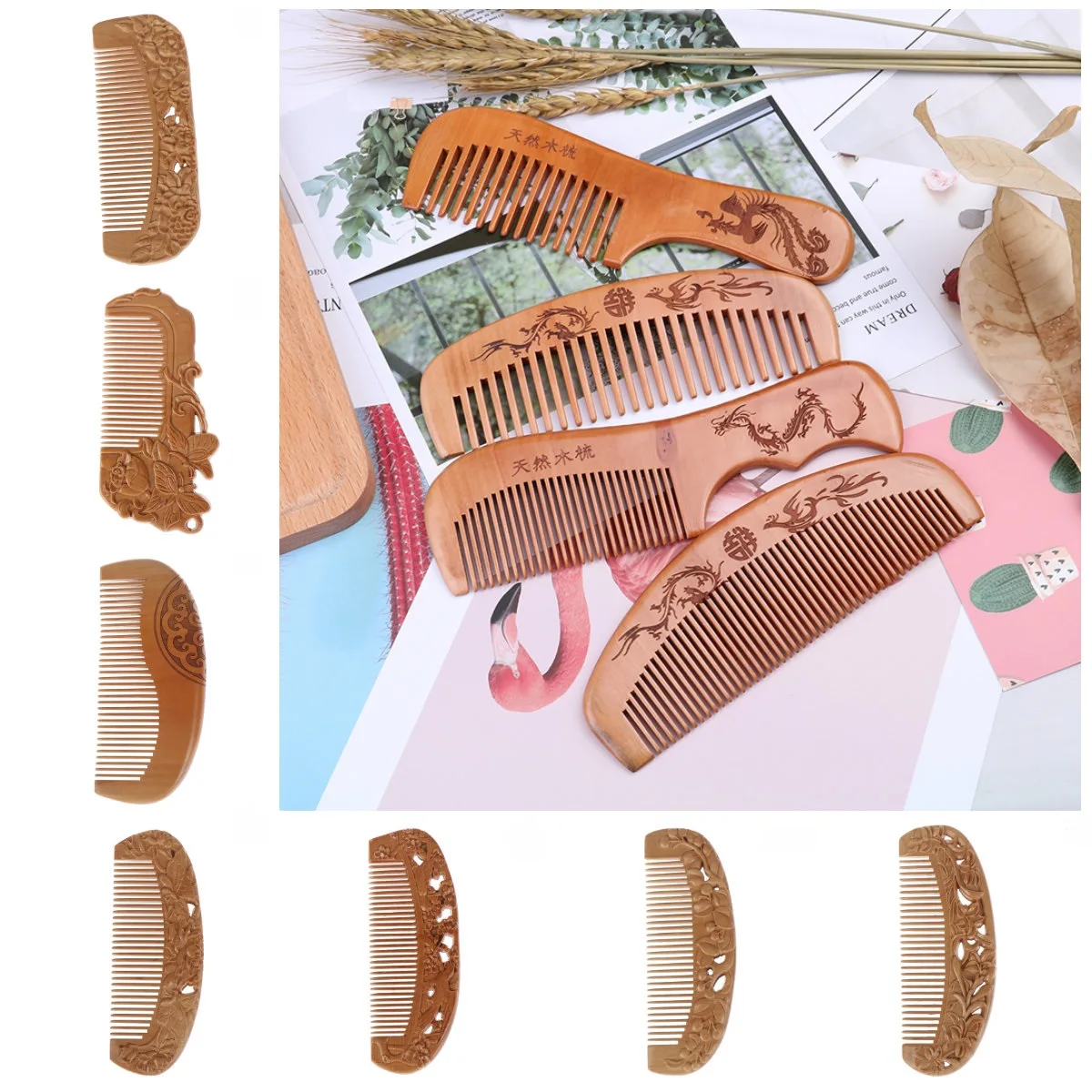 HOT 1PC Natural Peach Wood Comb Close Teeth Anti-static Beard Comb Head Massage Hairbrush Hair Care Tools For Travel