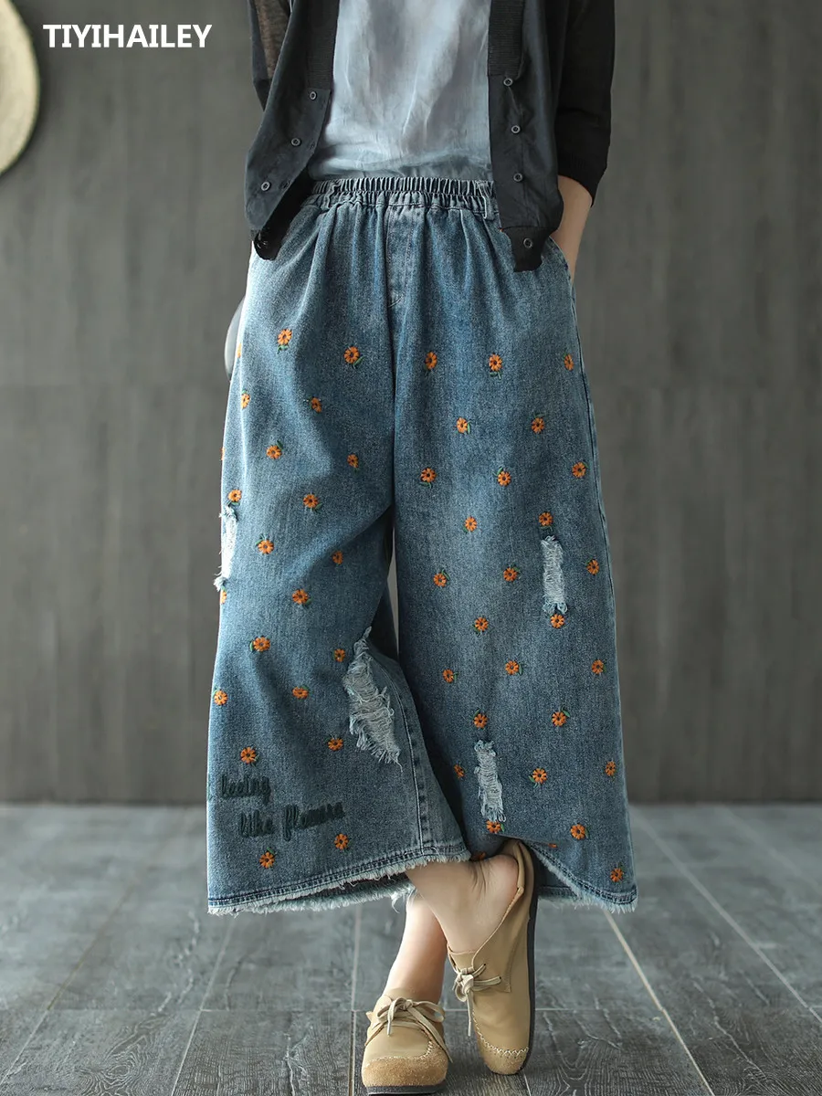 TIYIHAILEY Free Shipping 2021 Wide Leg Ankle Length Women Trousers Denim Jeans Elastic Waist Casual Embroidery Pants With Holes