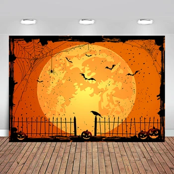 

Happy Halloween Photography Backdrops Pumpkin Lantern Orange Night Spider Web Graveyard Fence Party Photo Background