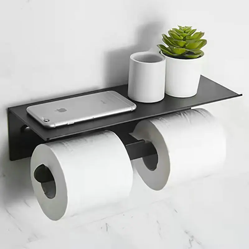 Black / Silver Paper Holder Bathroom Accessories Cellphone Rack Toilet Paper Shelf Space Aluminum Material