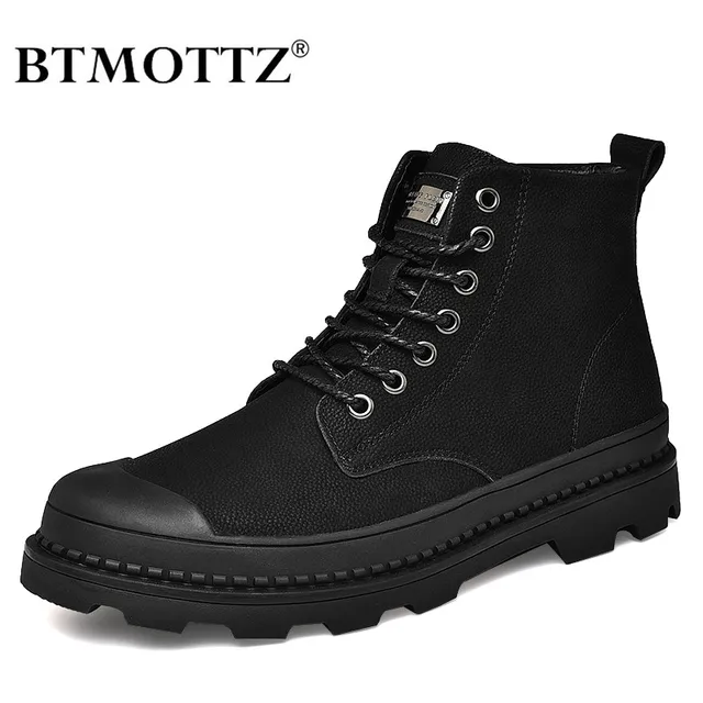 US $15.19 Warm Winter Men Boots Genuine Leather Ankle Boots Men Winter Work Shoes Men Military Army Fur Snow 