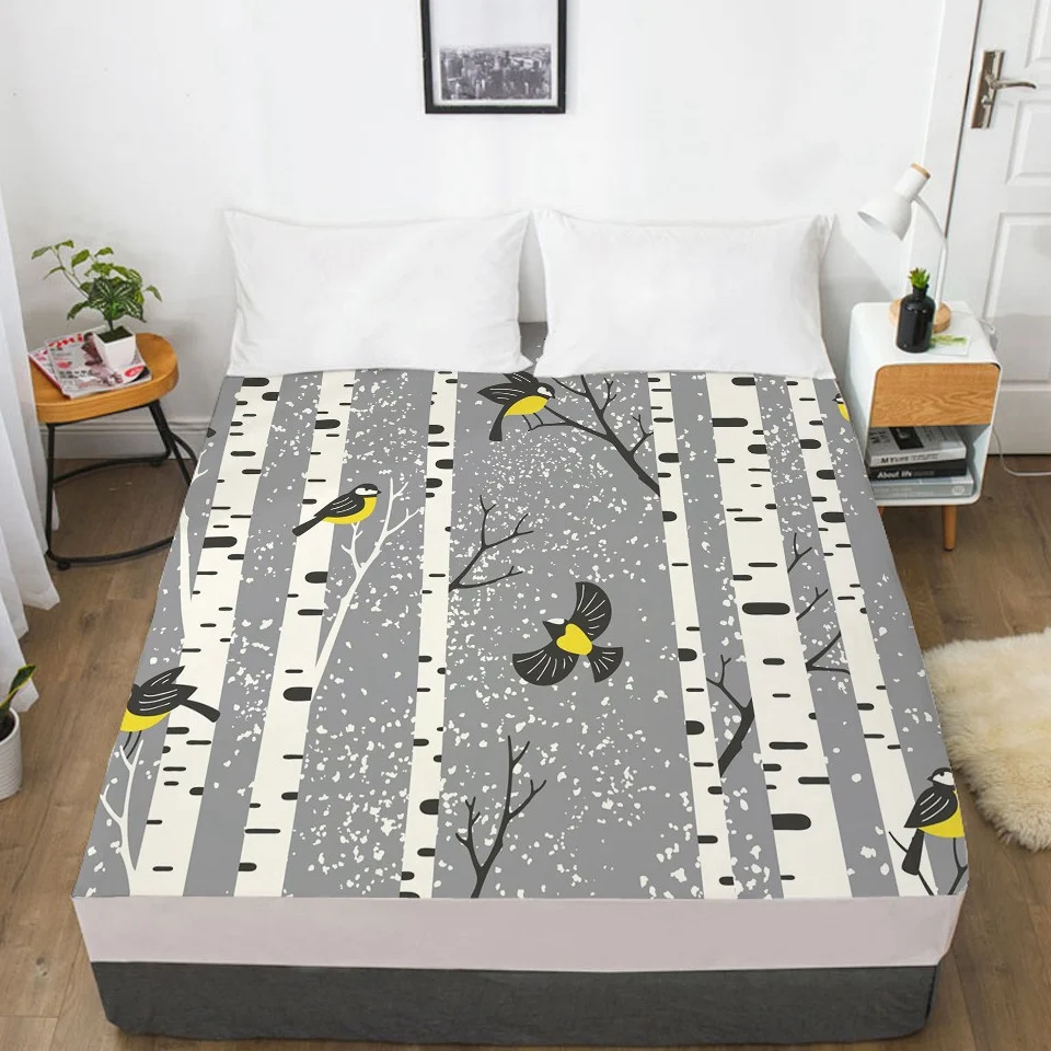 1pc 3D Bed Sheet With Elastic Fitted Mattress Cover 135/150/180/200/160x200 Birch forest Bedding Double Queen King | Дом и сад