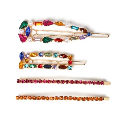 

Fashion Rainbow Crystal Hair Accessories Set Geometric CZ Zircon Haie Clip Barrettes Full Rhinestone Gold Prong Setting Jewelry