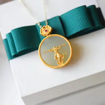 

SNew Silver Inlaid Natural Hetian Jade Dasheng Returns Chinese Style Necklace Big Pendant Niche Design Women's Jewelry