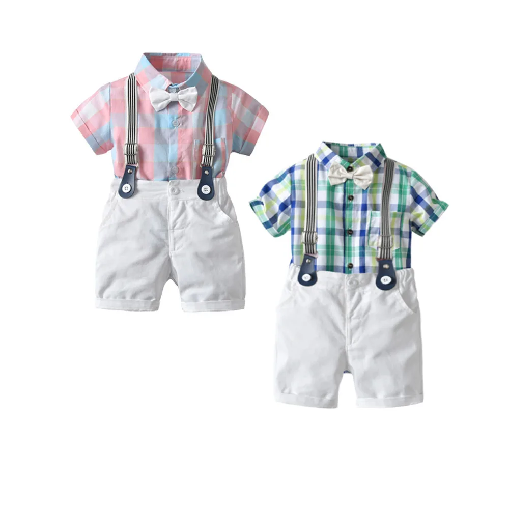 

Summer BOY'S Suit Gentleman Formal Dress Plaid Bowtie Romper Short Sleeve Onesie Suspender Shorts Four-piece Set-