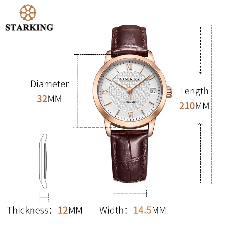 STARKING Relogio Feminino, автоматические женские часы, Топ бренд, роскошные женские часы, Авто Дата, механические Женские часы, белое платье