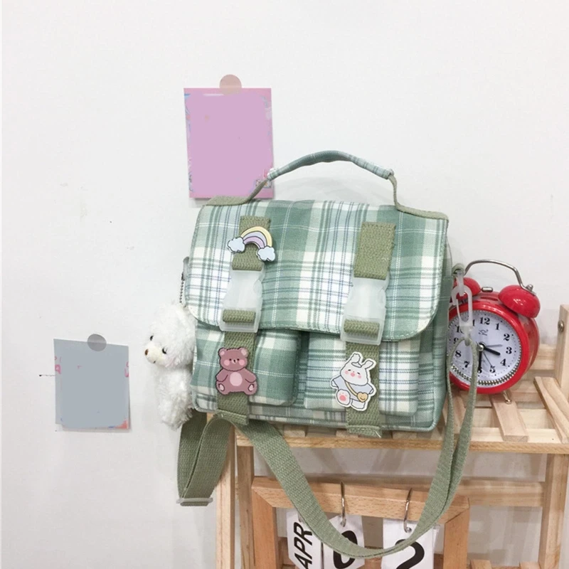 

Shopper Bag for Women Nylon Tote Girls Fashion Cute Japanese Jk Style Color Contrast Plaid Stripe Handbag