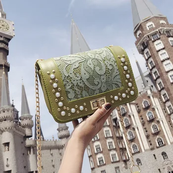 

Ladies Shoulder Bag Pearl New Handbag Korean Fashion Lace Small Square Bag Chain Bag Diagonal Bag