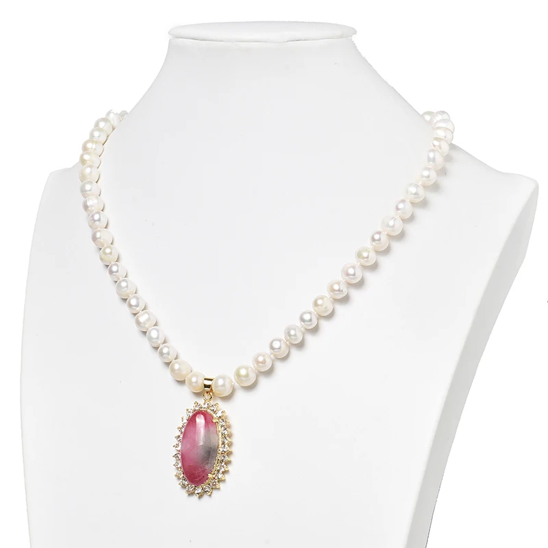 

8-9mm Natural Pearls with Red and Light Grey Oval Shape 24x39x10mm Pendant Making For Neckalce 18inch Elegant Ladies Gifts H502