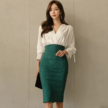 

2 Piece Set White V Neck Long Sleeve Shirt Tops and Green Pencil Midi Wrap Skirts 2020 Elegant Office Lady Sexy Party Women Suit