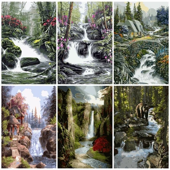 

AZQSD Oil Painting By Numbers Waterfall DIY Unframe Handmade Gift Acrylic Paint Adult Coloring By Numbers Landscape Handicraft