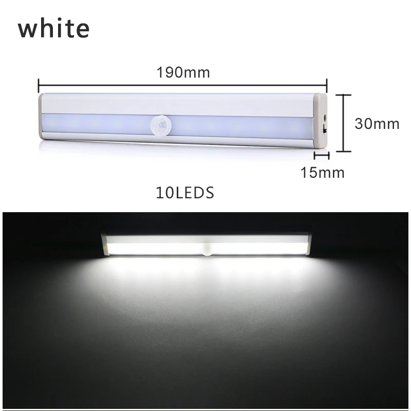 White 10leds Светодиодный светильник для шкафа с датчиком движения PIR, настенный светильник для шкафа с батареей, жесткая полоса, барный светильник с датчиком движения, датчик аварийного освещения - Цвет: White 10leds