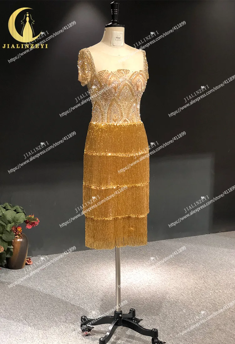 Rhine real Pictures роскошные золотые хрустальные бисерные кисточки с коротким рукавом Роскошные до колена Арабские Вечерние платья Длинные