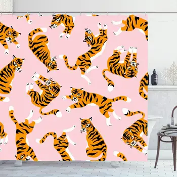 

Shower Curtain Set with Hooks 66x72 Inches Tigerfashion Cute Retro Texture Jump Graphic Pretty Motion Tigers Desert Wild Pink On