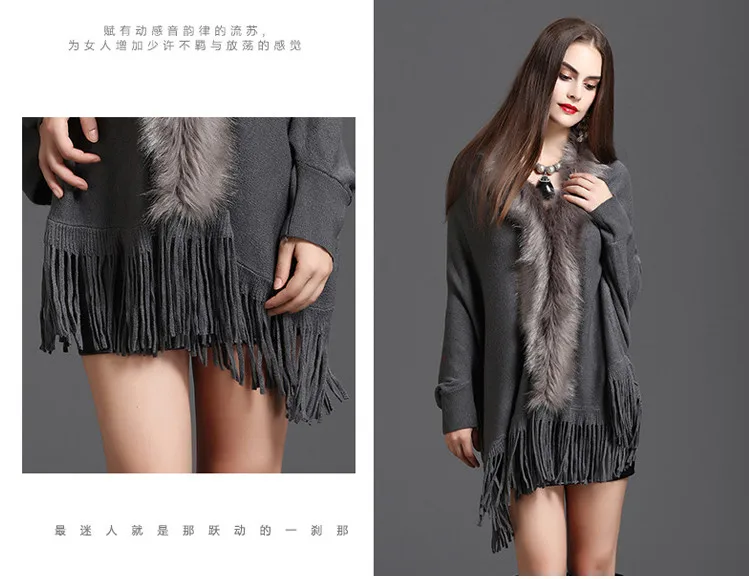 autumn winter fake fox fur tassel knitting cardigan female shrug cloak long sweater women