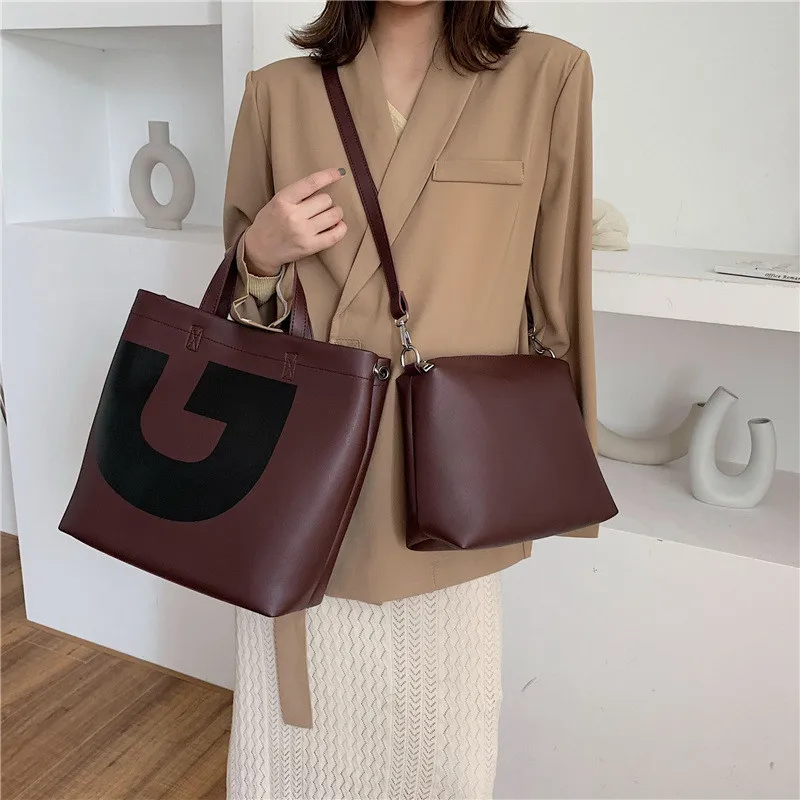 

Big Letter Shoulder Shopper Tote Women Bag 2 Pieces Set Composite Bags Female High Quality Solid Color Leather Crossbody Handbag