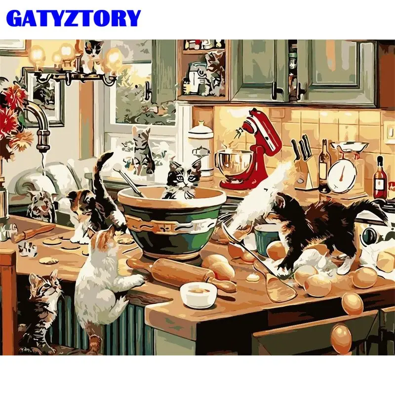 GATYZTORY 40x50cm Oil Paint By Number Kitchen Animal DIY Cat Kits Drawing On Canvas Handpainted Painting Art Gift Home Decor